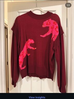 crosby. Burgundy Crewneck Sweater with Pink Leopard Motifs